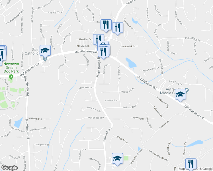 map of restaurants, bars, coffee shops, grocery stores, and more near 9858 Talisman Drive in Alpharetta