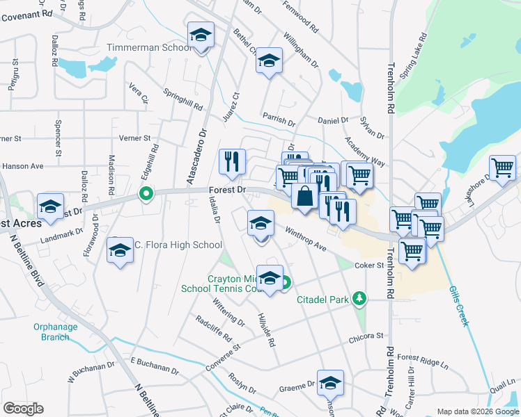 map of restaurants, bars, coffee shops, grocery stores, and more near 4401 Winthrop Avenue in Columbia