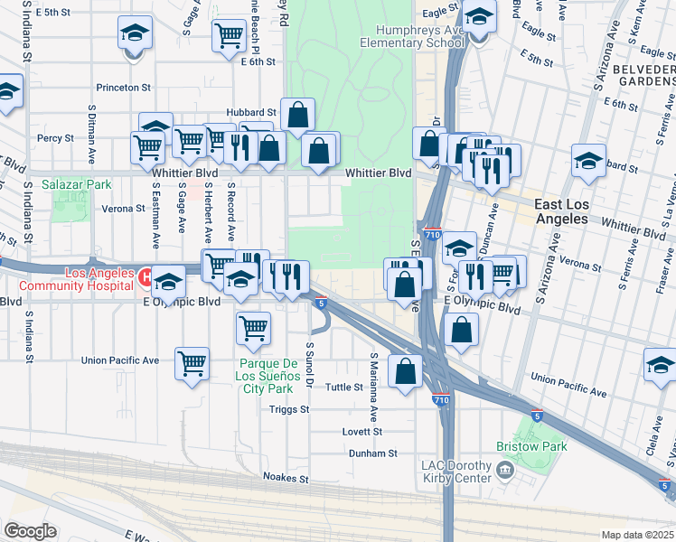 map of restaurants, bars, coffee shops, grocery stores, and more near 1136 South Brannick Avenue in Los Angeles