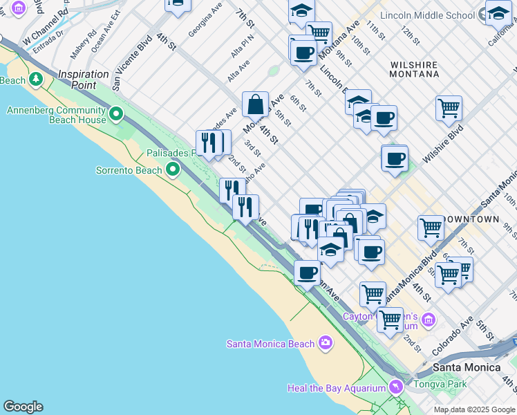 map of restaurants, bars, coffee shops, grocery stores, and more near 951 Ocean Avenue in Santa Monica