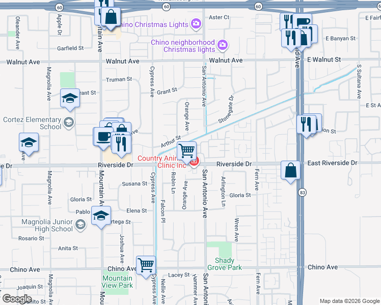 map of restaurants, bars, coffee shops, grocery stores, and more near 12859 Cedro Avenue in Chino