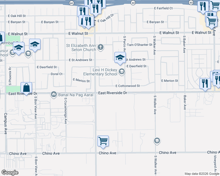 map of restaurants, bars, coffee shops, grocery stores, and more near 1312 East Cottonwood Street in Ontario