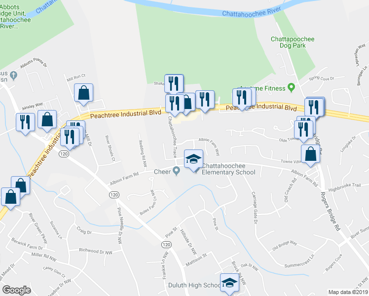 map of restaurants, bars, coffee shops, grocery stores, and more near 2852 Albion Farm Way in Duluth