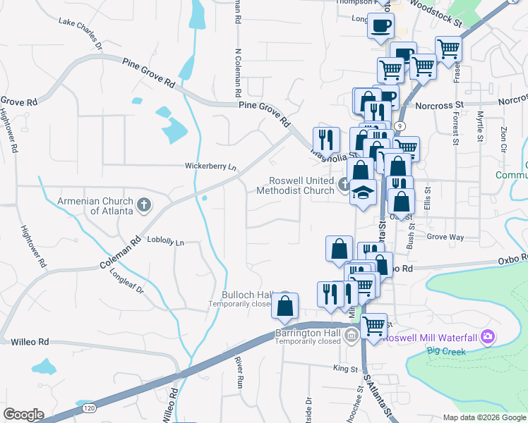 map of restaurants, bars, coffee shops, grocery stores, and more near 135 Roswell Farms Court in Roswell