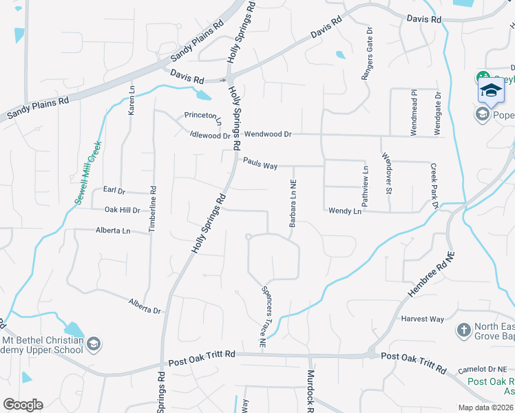 map of restaurants, bars, coffee shops, grocery stores, and more near 2889 Saint Andrews Way Northeast in Marietta