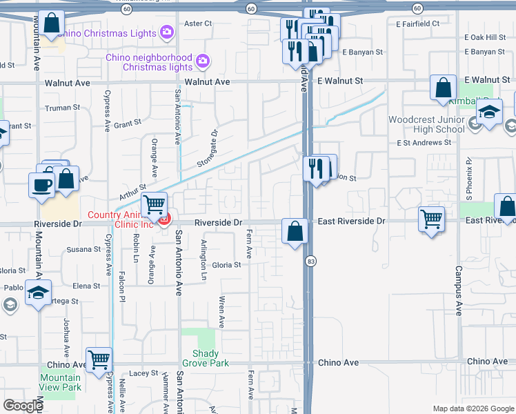map of restaurants, bars, coffee shops, grocery stores, and more near 2958 South Via Belamaria in Ontario