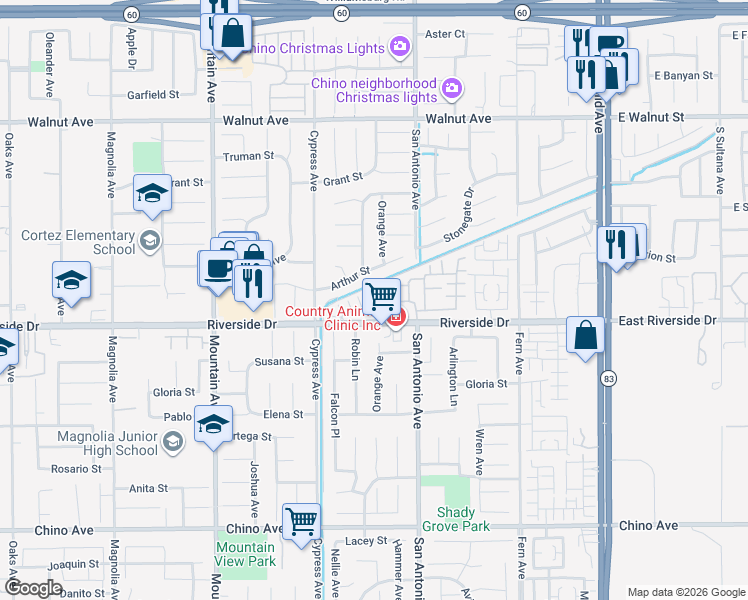 map of restaurants, bars, coffee shops, grocery stores, and more near 12859 Cedro Avenue in Chino
