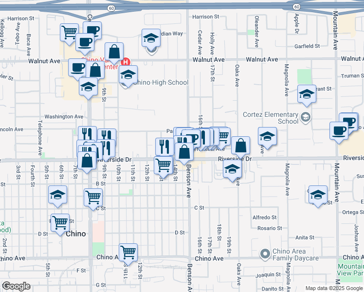 map of restaurants, bars, coffee shops, grocery stores, and more near 5664 Riverside Drive in Chino