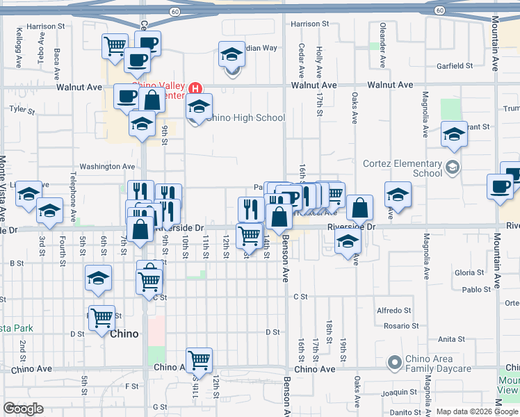 map of restaurants, bars, coffee shops, grocery stores, and more near 5640 Riverside Drive in Chino