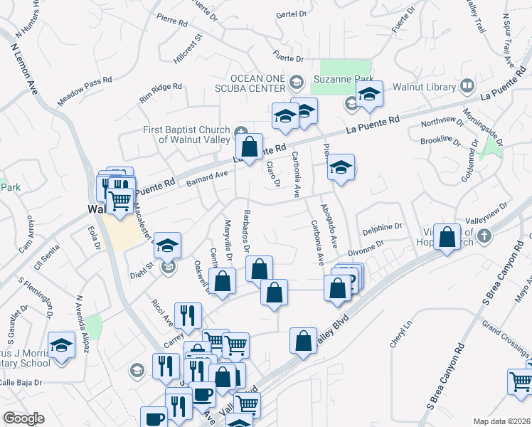 map of restaurants, bars, coffee shops, grocery stores, and more near 20603 Evant Drive in Walnut