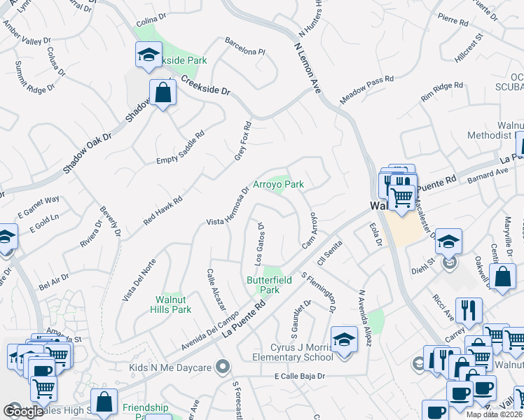 map of restaurants, bars, coffee shops, grocery stores, and more near 19712 Los Pinos Drive in Walnut