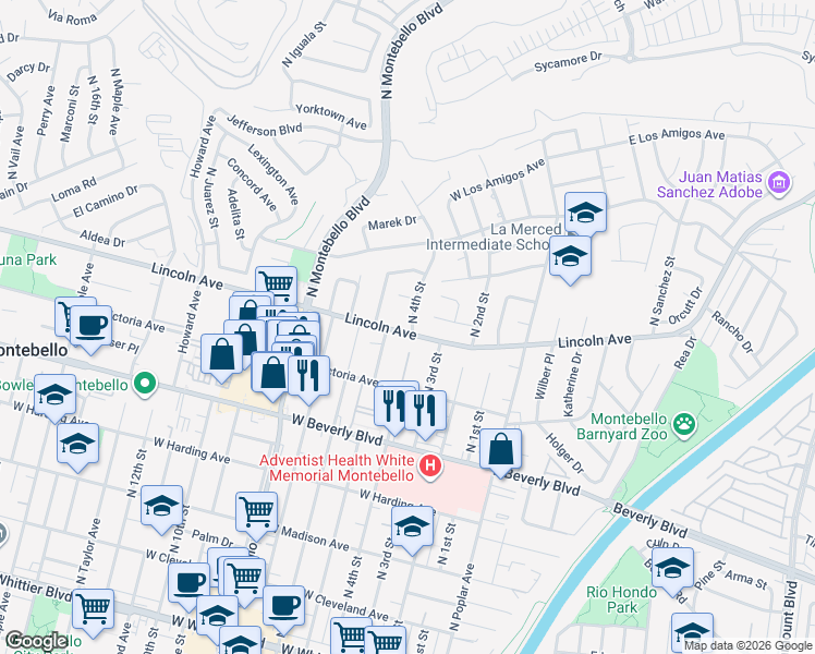 map of restaurants, bars, coffee shops, grocery stores, and more near 400 West Lincoln Avenue in Montebello
