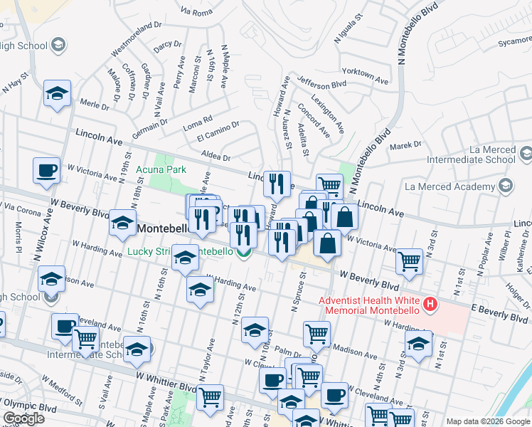 map of restaurants, bars, coffee shops, grocery stores, and more near 1200 West Victoria Avenue in Montebello