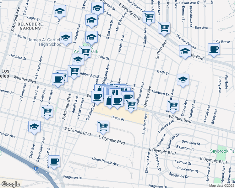 map of restaurants, bars, coffee shops, grocery stores, and more near 743 Hoefner Avenue in East Los Angeles