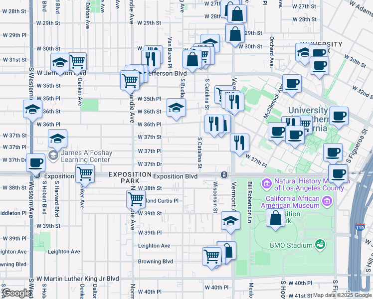 map of restaurants, bars, coffee shops, grocery stores, and more near 1248 1/2 West 37th Place in Los Angeles