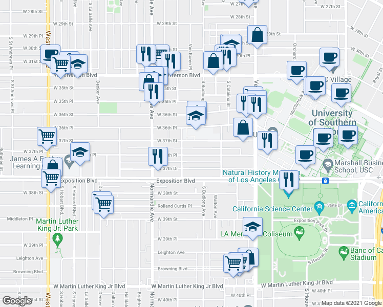 map of restaurants, bars, coffee shops, grocery stores, and more near 1299 West 37th Place in Los Angeles