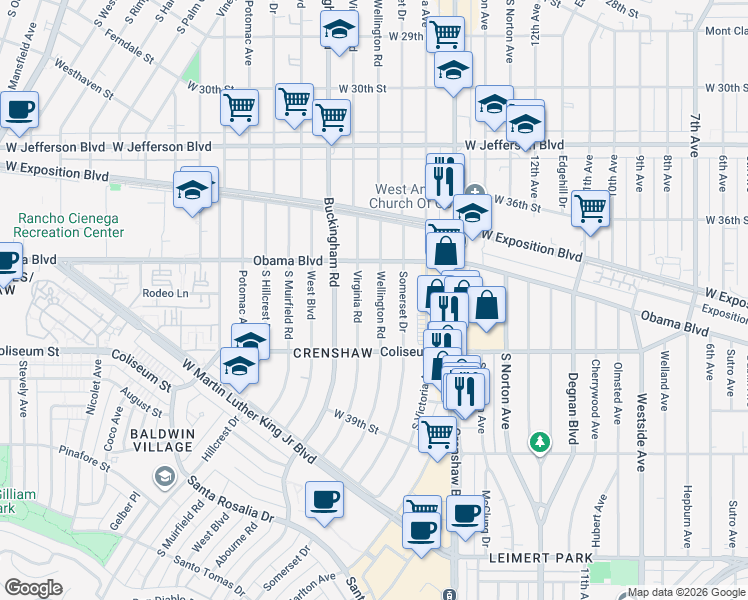map of restaurants, bars, coffee shops, grocery stores, and more near 3698 Wellington Road in Los Angeles