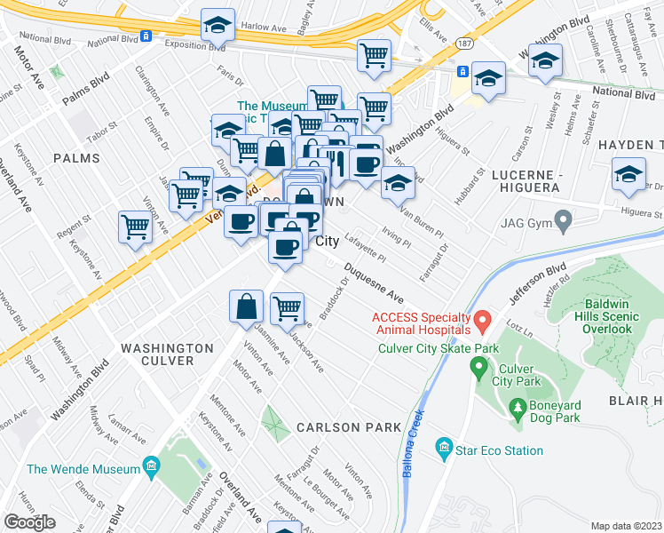 map of restaurants, bars, coffee shops, grocery stores, and more near 4059 Duquesne Avenue in Culver City