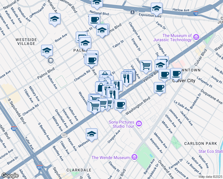 map of restaurants, bars, coffee shops, grocery stores, and more near 3761 Keystone Avenue in Los Angeles