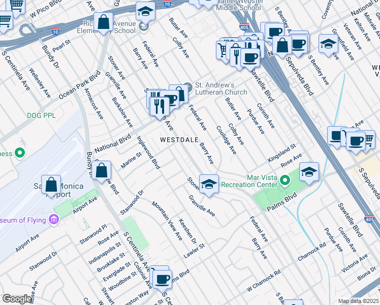map of restaurants, bars, coffee shops, grocery stores, and more near 3159 South Barrington Avenue in Los Angeles