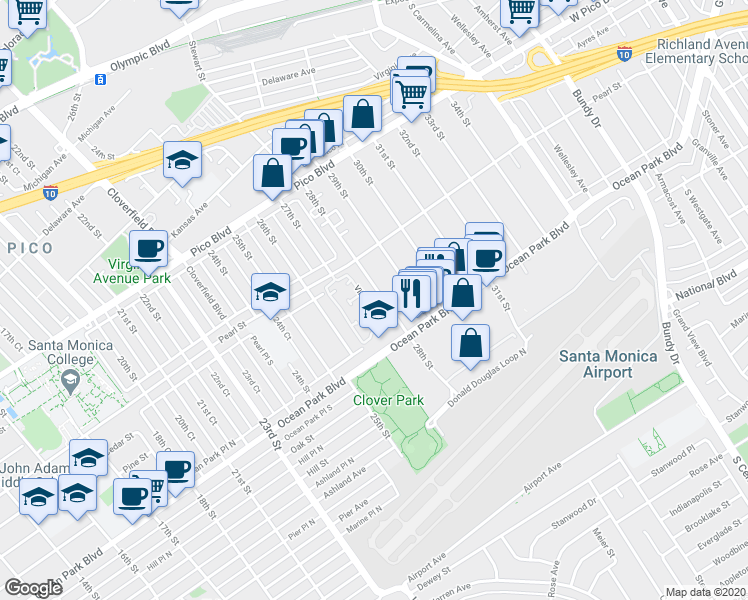 map of restaurants, bars, coffee shops, grocery stores, and more near 17 Village Parkway in Santa Monica