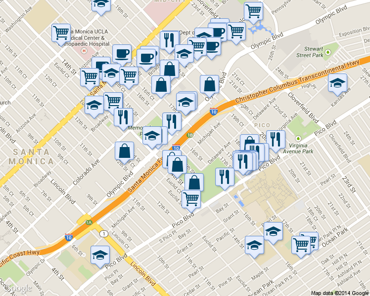 map of restaurants, bars, coffee shops, grocery stores, and more near 1529 Michigan Avenue in Santa Monica
