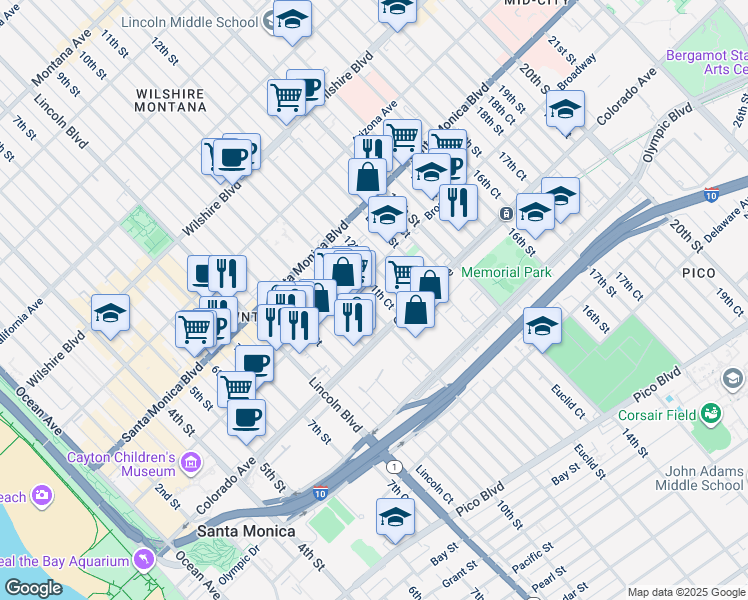 map of restaurants, bars, coffee shops, grocery stores, and more near 1521 11th Street in Santa Monica