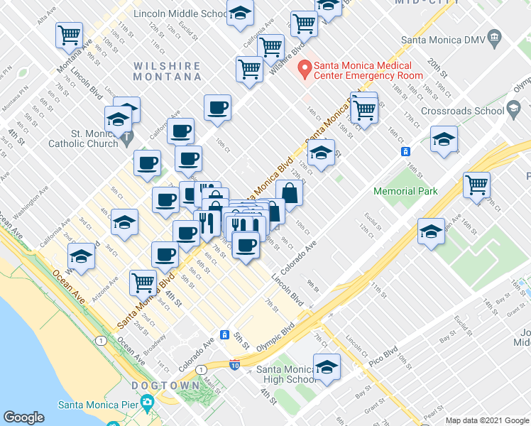 map of restaurants, bars, coffee shops, grocery stores, and more near 1423 9th Street in Santa Monica