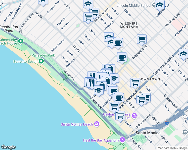 map of restaurants, bars, coffee shops, grocery stores, and more near 1044 3rd Street in Santa Monica