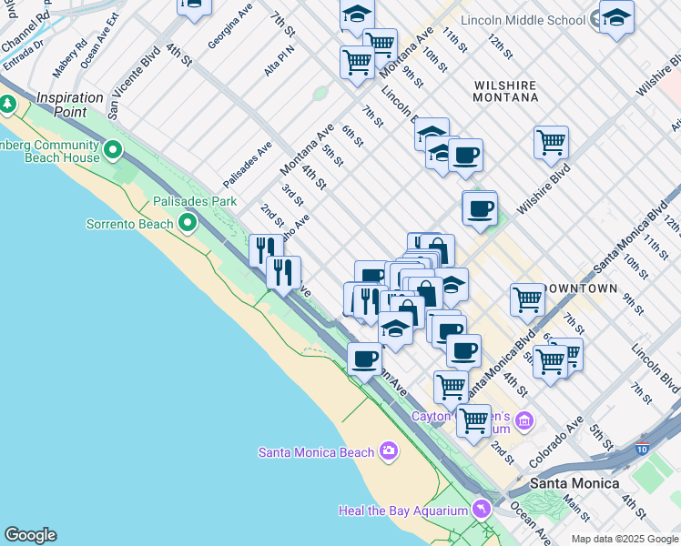 map of restaurants, bars, coffee shops, grocery stores, and more near 1017 2nd Street in Santa Monica