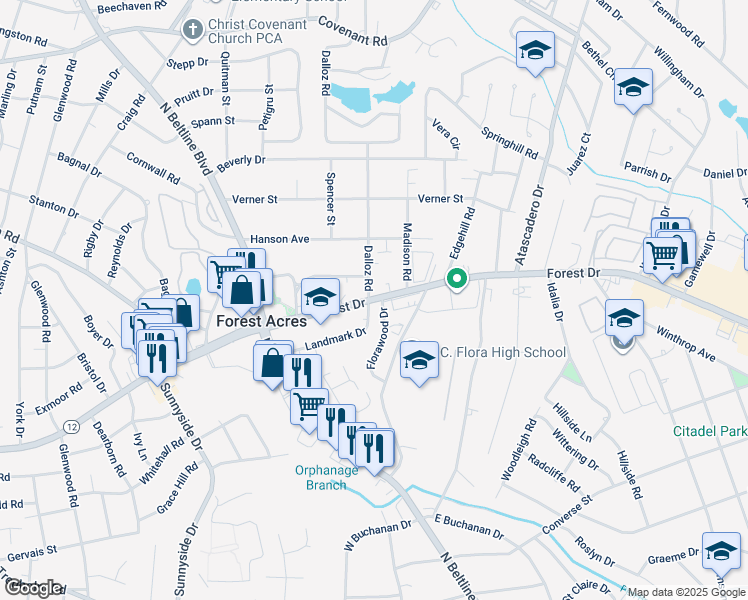 map of restaurants, bars, coffee shops, grocery stores, and more near 1608 Dalloz Road in Columbia