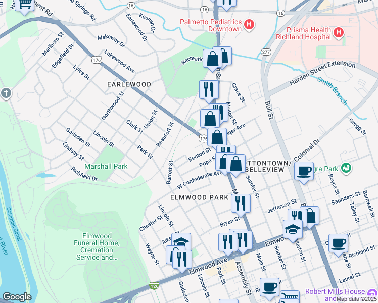 map of restaurants, bars, coffee shops, grocery stores, and more near 1020 Cedar Street in Columbia
