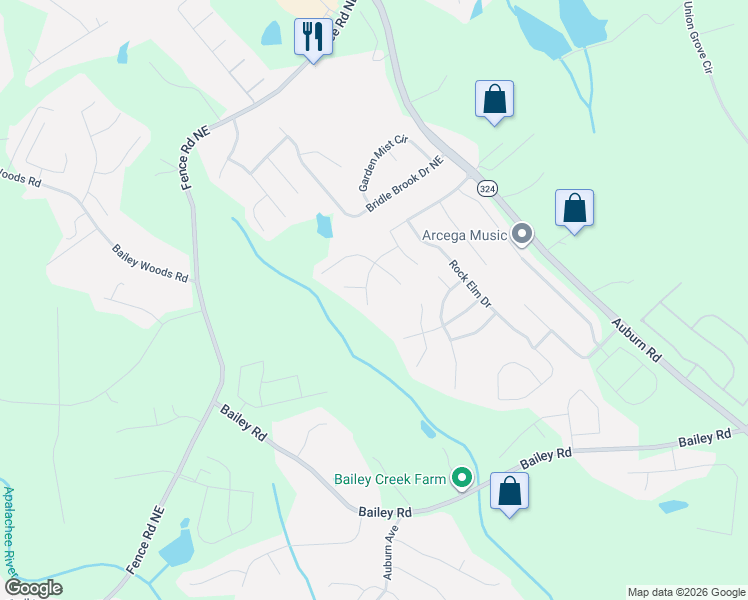 map of restaurants, bars, coffee shops, grocery stores, and more near 3408 Clear Stream Run Northeast in Auburn
