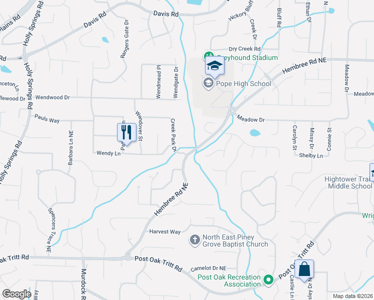 map of restaurants, bars, coffee shops, grocery stores, and more near 2905 Hembree Road Northeast in Marietta