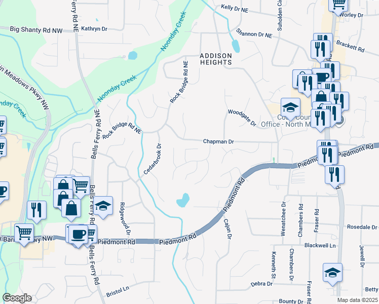 map of restaurants, bars, coffee shops, grocery stores, and more near 2766 Wyndcliff Way in Marietta
