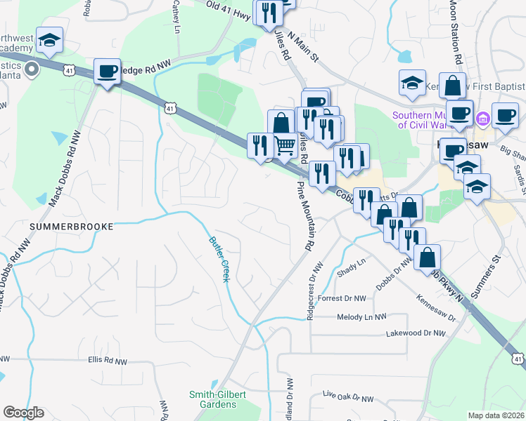 map of restaurants, bars, coffee shops, grocery stores, and more near 2819 Pine Valley Way Northwest in Kennesaw