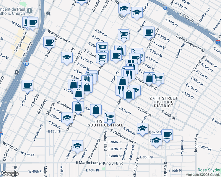 map of restaurants, bars, coffee shops, grocery stores, and more near 2818 Trinity Street in Los Angeles
