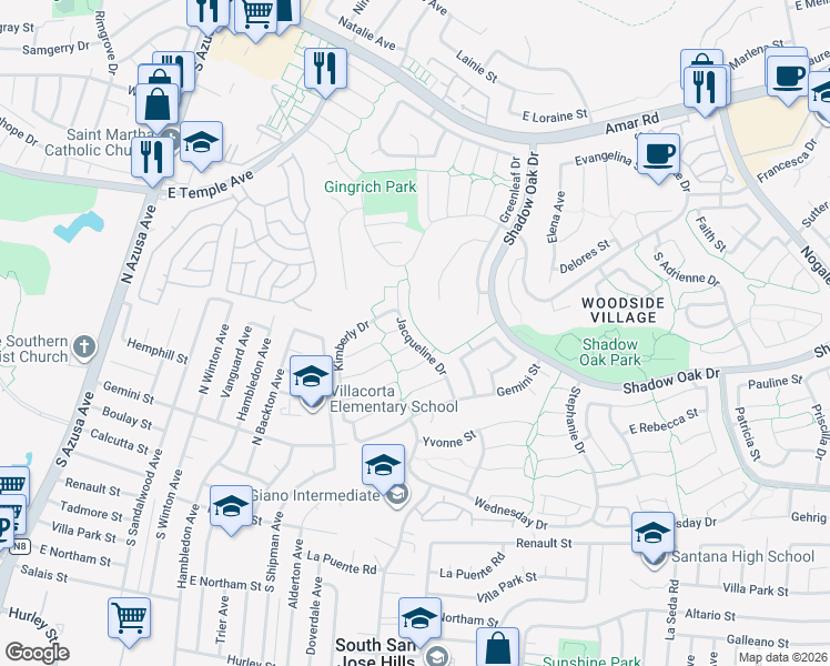 map of restaurants, bars, coffee shops, grocery stores, and more near 2942 Jacqueline Drive in West Covina