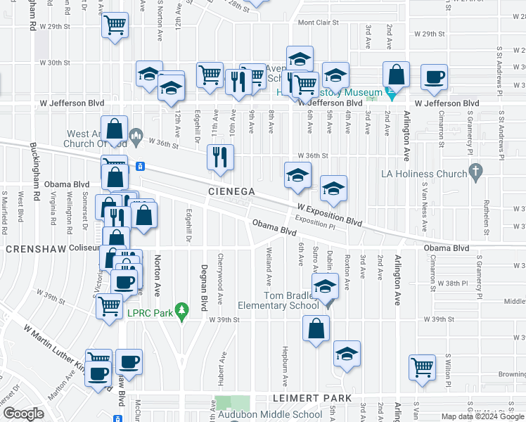 map of restaurants, bars, coffee shops, grocery stores, and more near 2810 Exposition Place in Los Angeles