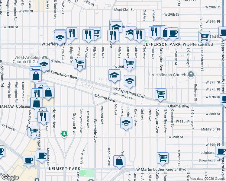 map of restaurants, bars, coffee shops, grocery stores, and more near 2623 West Exposition Place in Los Angeles