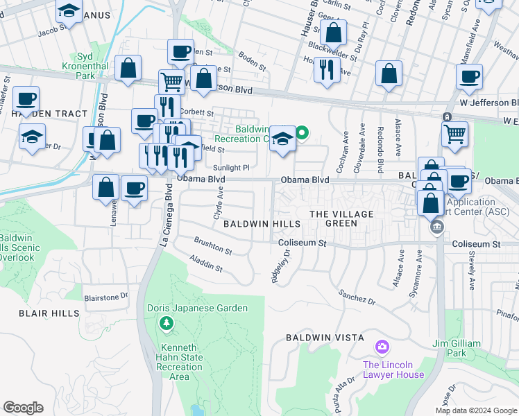 map of restaurants, bars, coffee shops, grocery stores, and more near 3650 Carmona Avenue in Los Angeles