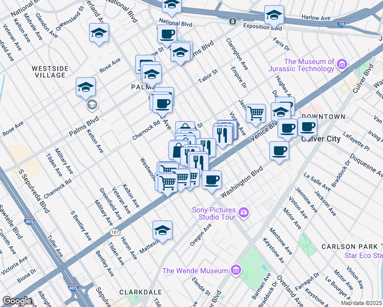 map of restaurants, bars, coffee shops, grocery stores, and more near 3761 Keystone Avenue in Los Angeles