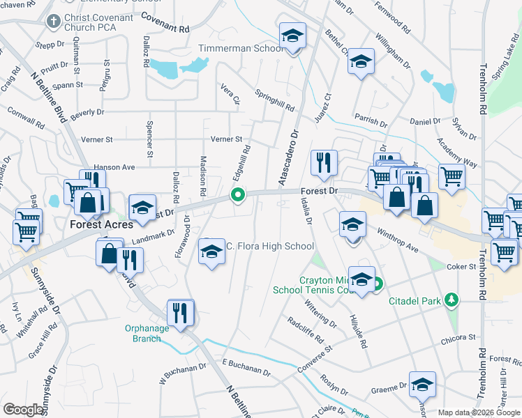 map of restaurants, bars, coffee shops, grocery stores, and more near 1502 Brentwood Drive in Columbia