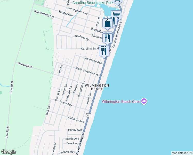 map of restaurants, bars, coffee shops, grocery stores, and more near 1305 Bowfin Lane in Carolina Beach