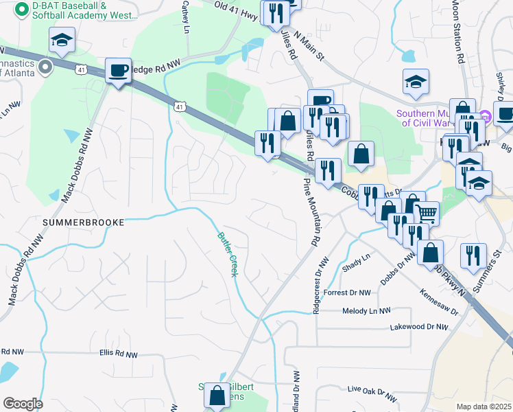 map of restaurants, bars, coffee shops, grocery stores, and more near 2810 Pine Valley Way Northwest in Kennesaw