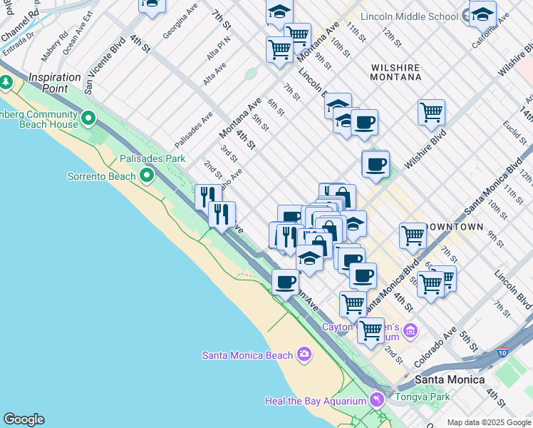 map of restaurants, bars, coffee shops, grocery stores, and more near in Santa Monica