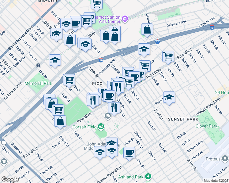 map of restaurants, bars, coffee shops, grocery stores, and more near 2029 20th Street in Santa Monica