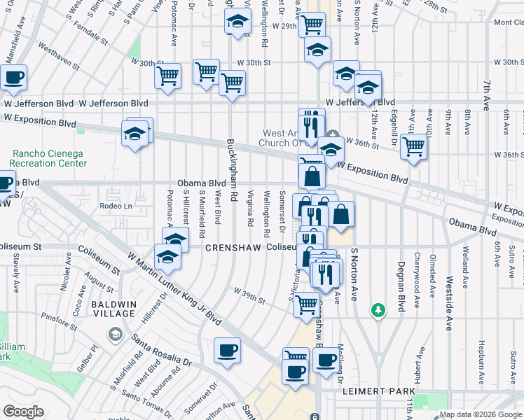 map of restaurants, bars, coffee shops, grocery stores, and more near 3698 Wellington Road in Los Angeles