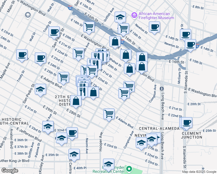 map of restaurants, bars, coffee shops, grocery stores, and more near 2211 Naomi Avenue in Los Angeles