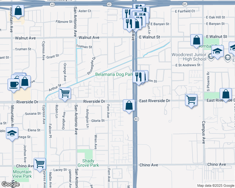 map of restaurants, bars, coffee shops, grocery stores, and more near 2957 South Via Belamaria in Ontario